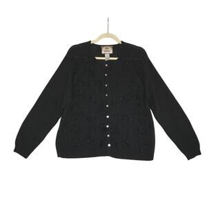 TIARA Embroidery Knit Cardigan Women XL Black Retro Nostalgia VTG Clasic Holiday